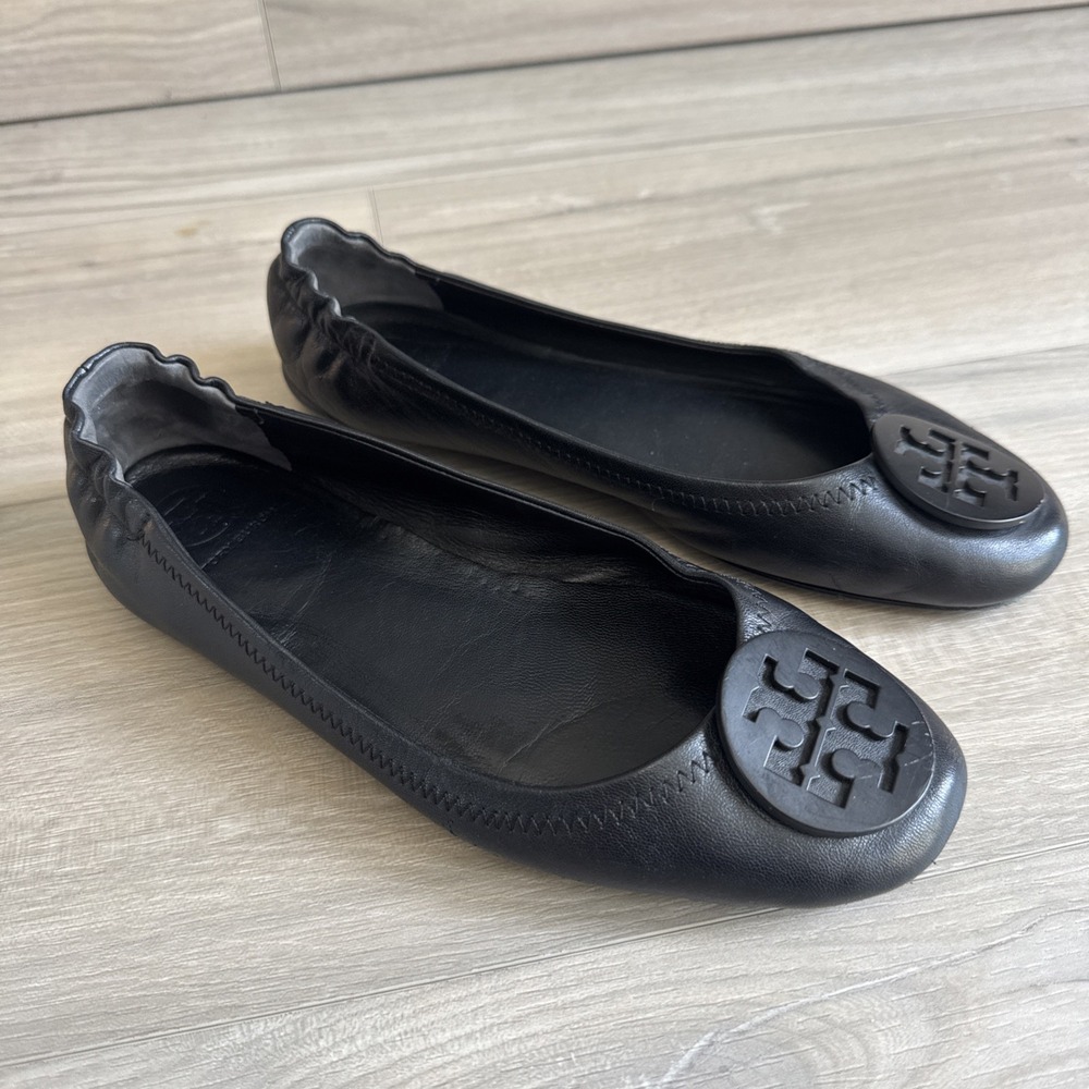 Tory Burch Reva Travel Ballet Flats Black On Black Women's Size 8